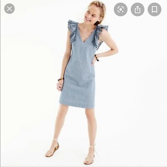 NWT J. CREW CHAMBRAY RUFFLE SHEATH DRESS, SIZE 6. - Picture 3 of 4